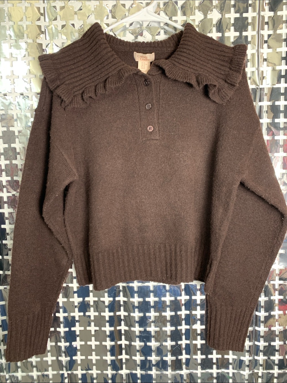 Camila Coelho Brown Ribbed Fold-Over Collar Knit Pullover